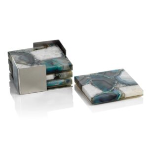 Green and White Agate Coasters with Metal Tray -Set of 4