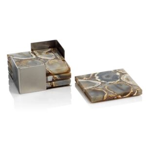 Taupe and Brown Agate Coasters with Metal Tray -Set of 4