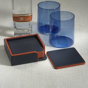 Navy and Orange Leather Coasters -Set of 4