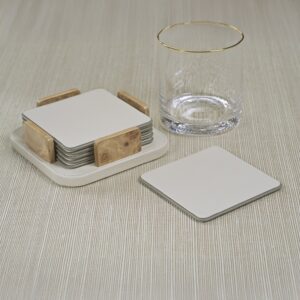 Ivory Leather and Burl Veneer Coasters -Set of 6