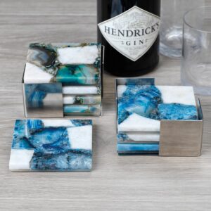 Blue and White Agate Coasters with Metal Tray -Set of 4