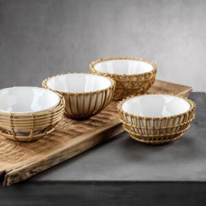 Wicker and Bamboo Condiment Bowl Set -4 Assorted